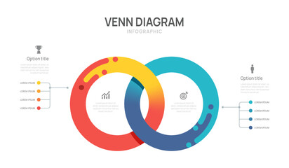 Venn diagram business infographic circle ring chart template 2 options, presentation with venn diagram elements vector illustration.