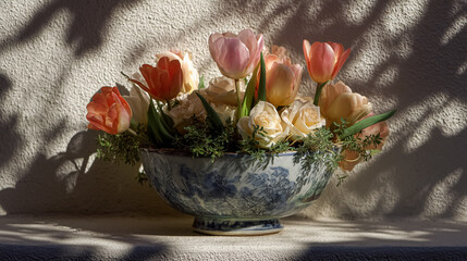 Elegant English garden bouquets in vintage vases, adorned with peonies, tulips and roses and other flowers, displayed in manor garden with dappled light and timeless floral grace