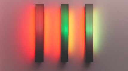 Three vertical light bars casting colorful light on a neutral colored wall