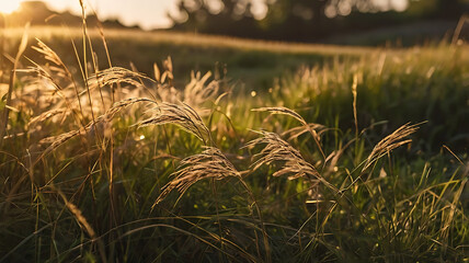 Golden hour in a grassy meadow with tall wild grass waving in the breeze. Warm, golden sunlight, soft focus, and dreamy mood. No human presence. Ideal for mindfulness visuals, outdoor lifestyle  