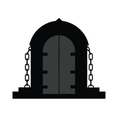 Fototapeta premium Closed heavy dungeon door silhouette with bolts for fantasy themes and game level design