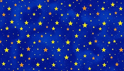 Whimsical cosmic star pattern, deep blue hand-splashed background, repeating design,  design,  night