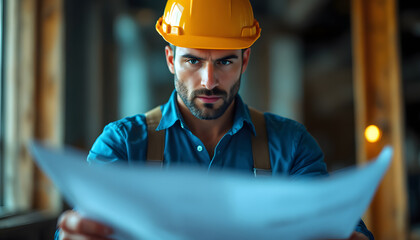 Serious Construction Worker Wearing Hardhat Holding Blueprint at Building Site