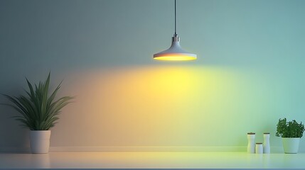 A plant and a lamp on a table against a blue wall in a modern minimalist style