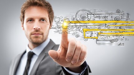 Focused businessman in suit pointing at virtual glowing interface with yellow schematics and industrial technology concept