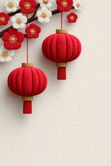 Vibrant red lanterns and delicate flowers create a festive border for Chinese New Year celebrations. Happy Chinese New Year
