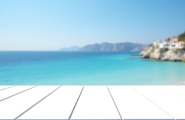 Fototapeta premium Whitewashed wooden surface with panoramic ocean and city backdrop, aspirational coastal mockup for luxury travel branding