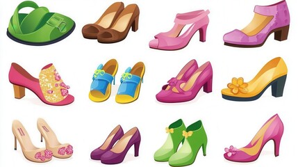 Cartoon shoes illustration showing colorful shoe designs over white background