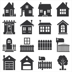 Fototapeta premium Diverse residential building icons with fences mailboxes and trees house icons residential buildings