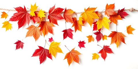 Fototapeta premium Miniature pumpkins & colorful autumn leaves playfully strung on twine against a bright white background, DIY, october