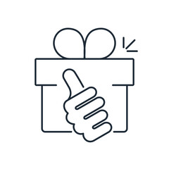 Box with a bow and delight.Customer, client gift box. Vector linear icon illustration isolated on white background.