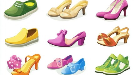 Cartoon shoes illustration showing colorful shoe designs over white background