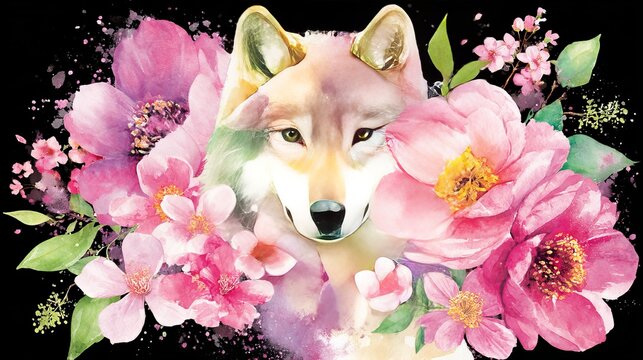 Wolf Animal Portrait With Forest Flowers And Leaves. Detailed Character Design In A Soft Pastel Watercolor Style. Vector Illustration Of A Wild Canine On A Dark Background For Mystic Art