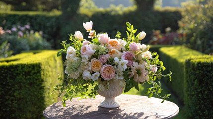 Elegant English garden bouquets in vintage vases, adorned with peonies, tulips and roses and other flowers, displayed in manor garden with dappled light and timeless floral grace