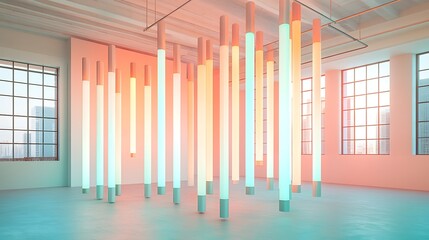 Interior room with large windows and colorful light tube installation art piece
