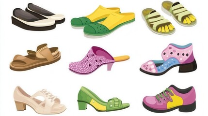 Cartoon shoes illustration showing colorful shoe designs over white background