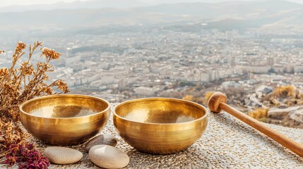 Two golden singing bowls rest on a textured surface, surrounded by smooth stones and dried flowers, evoking calm and balance.