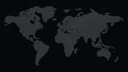 Obraz premium Dark-themed world map with continents rendered in shades of gray over a black background. Ideal for global, editorial, and geopolitical design contexts.