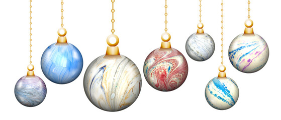 Colorful marble christmas baubles hanging from golden strings