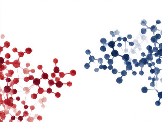 Fototapeta premium Abstract visualization of interconnected red and blue molecular structures on a white background, symbolizing scientific or technological concepts.