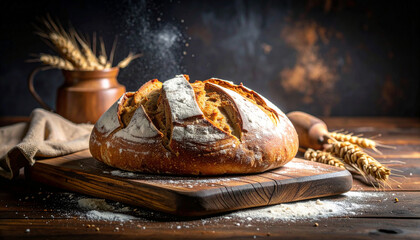 Freshly baked sourdough bread on a wooden cutting board, rustic style with a dusting  