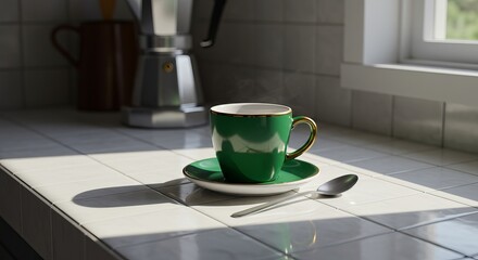 Obraz premium Green Coffee Mugs with Steam on Kitchen Counter in Morning Sunlight