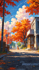 Naklejka premium Small cat wanders cozy autumn street with vibrant orange leaves