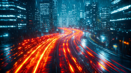 Abstract light trails of red and yellow on a dark background, resembling fast-moving vehicle headlights at night. Concept of speed, motion, energy, and modern technology