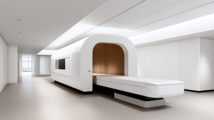  sleek, modern MRI machine in a bright, minimalist medical room with white walls and ceiling lighting.