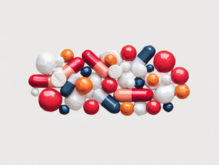 colorful assortment of various pills and capsules scattered on a plain surface, highlighting pharmaceutical diversity.