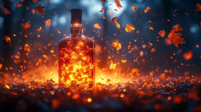 A glowing bottle of spirits surrounded by swirling autumn leaves illuminates the dim forest - Powered by Adobe