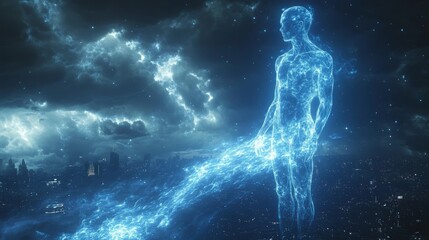 A luminous figure stands in a vibrant urban skyline, radiating energy into the starry expanse above