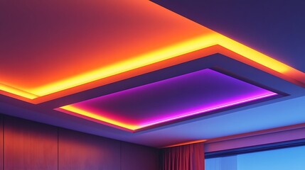 Illuminated ceiling with orange and purple led lights in a modern interior