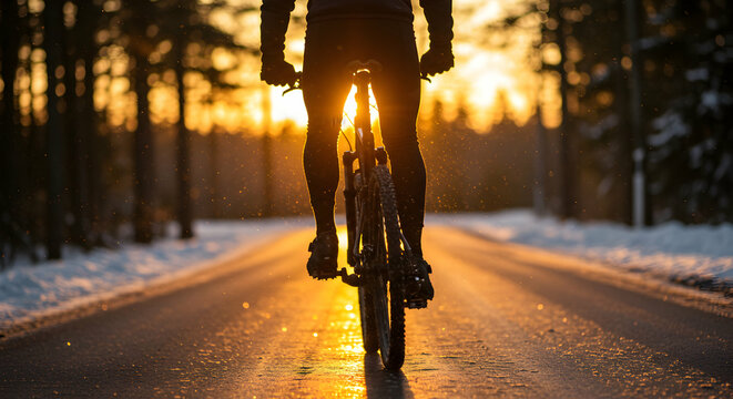 Silhouette of cyclist riding bike at sunset winter road adventure sport healthy lifestyle fitness freedom nature landscape
