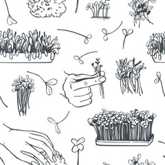 Hand-drawn microgreens set. Hand holding microgreen sprouts. Vector seamless pattern. 