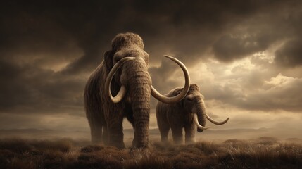 Naklejka premium Two majestic woolly mammoths stand in a dramatic landscape under a stormy sky, showcasing their impressive tusks and thick fur, evoking a sense of ancient wilderness and survival