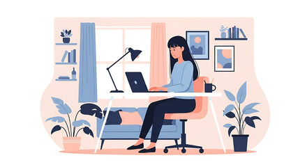 Woman Working From Home at a Cozy Desk Setup