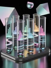 Vibrant data visualizations within futuristic test tubes on a sleek smartphone, blending science, technology, and analytics