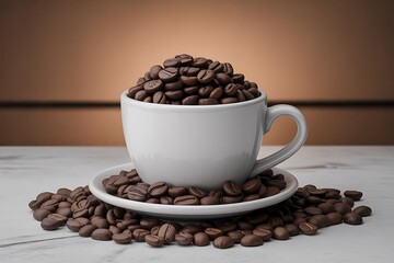 A white cup overflowing with roasted coffee beans sits on a saucer surrounded by more beans