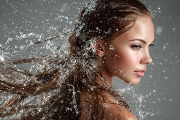 Obraz premium Beautiful young woman's face and hair wet from water drops in a winter shower, highlighting her glowing skin and glamour
