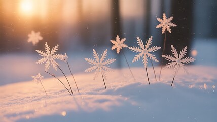 Delicate snowflakes adorn a snowy landscape during a warm golden hour sunset