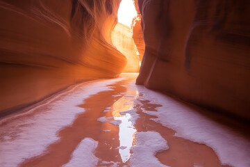 Sunlight illuminates a narrow slot canyon with water and ice on the ground