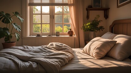 Cozy bedroom with rumpled bed bathed in warm morning sunlight from window