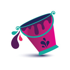Tilted pink bucket with teal accents spills vibrant paint splashes in purple and red. A bold artistic scene symbolizing creativity, motion, and visual energy.