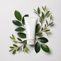 White cosmetic tube surrounded by fresh green leaves and delicate branches on a white background
