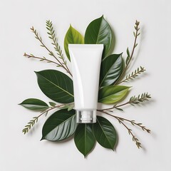 White cosmetic tube surrounded by fresh green leaves and delicate branches on a white background