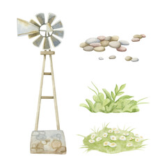 Farm landscape elements watercolor illustration set isolated on white. Vintage old windmill, rocks, meadows and grass clip art. Rural village or countryside scene drawings collection