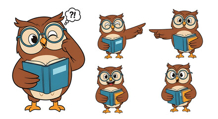 Adorable Owl Cartoon Character Illustrations  Reading, Winking, and Pointing Poses