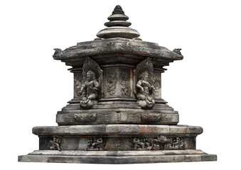 Fototapeta premium Ancient Stone Shrine with Intricate Carvings, Isolated on Black Background, Detail Shot