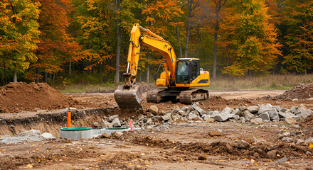 Excavator Construction Site Autumn Trees